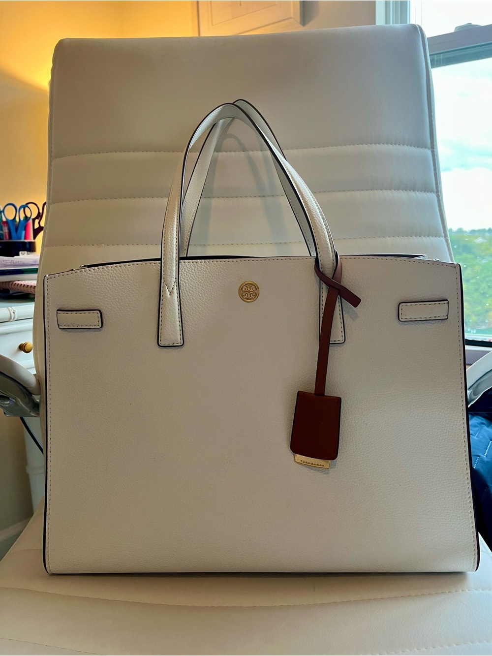 Tory Burch Robinson White Leather Tote with Brown Tag